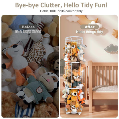 Stuffed Animal Storage Zoo Plushies Toy Storage Organizer, Metal Tube Stuffed Animal Holder with Brake Wheels, Space Saving Plush Toy Holder for Playroom Bedroom Nursery (White)