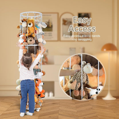 Stuffed Animal Storage Zoo Plushies Toy Storage Organizer, Metal Tube Stuffed Animal Holder with Brake Wheels, Space Saving Plush Toy Holder for Playroom Bedroom Nursery (White)