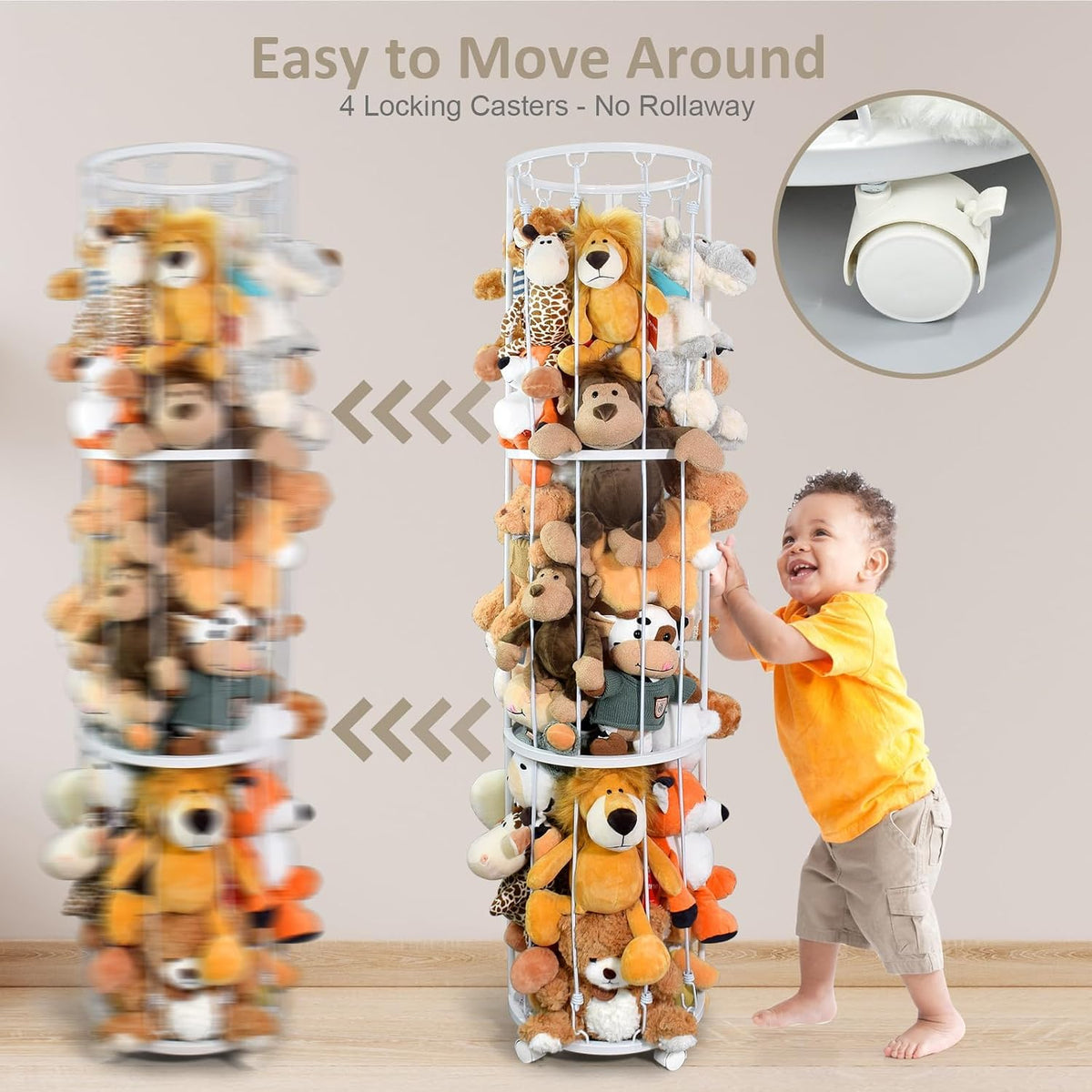 Stuffed Animal Storage Zoo Plushies Toy Storage Organizer, Metal Tube Stuffed Animal Holder with Brake Wheels, Space Saving Plush Toy Holder for Playroom Bedroom Nursery (White)