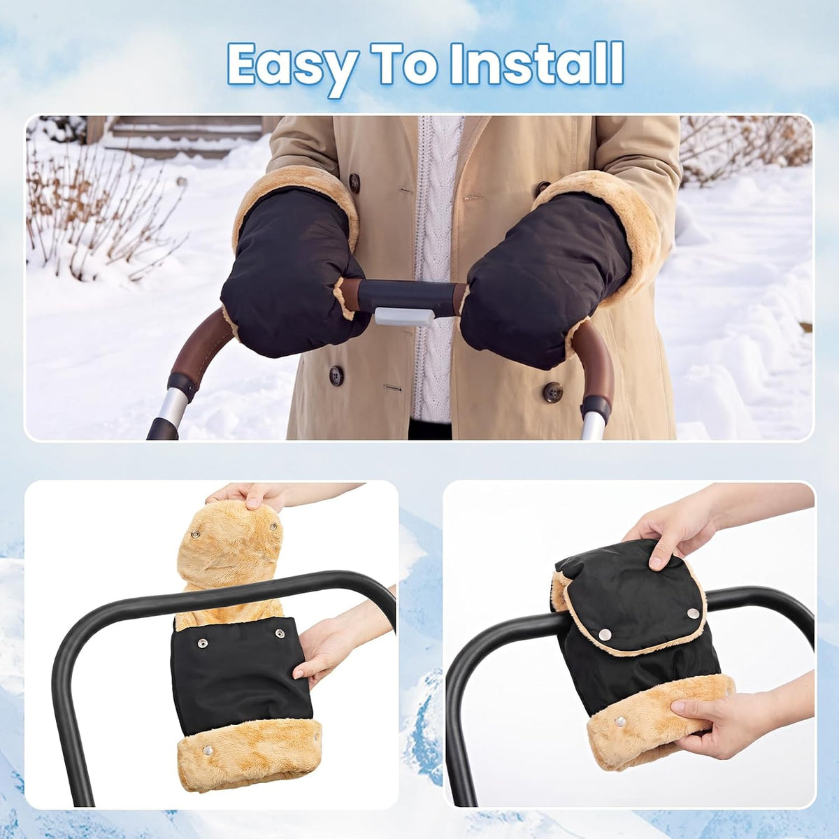 Winter Stroller Gloves, Universal Hand Muffs for Cold Weather, Black