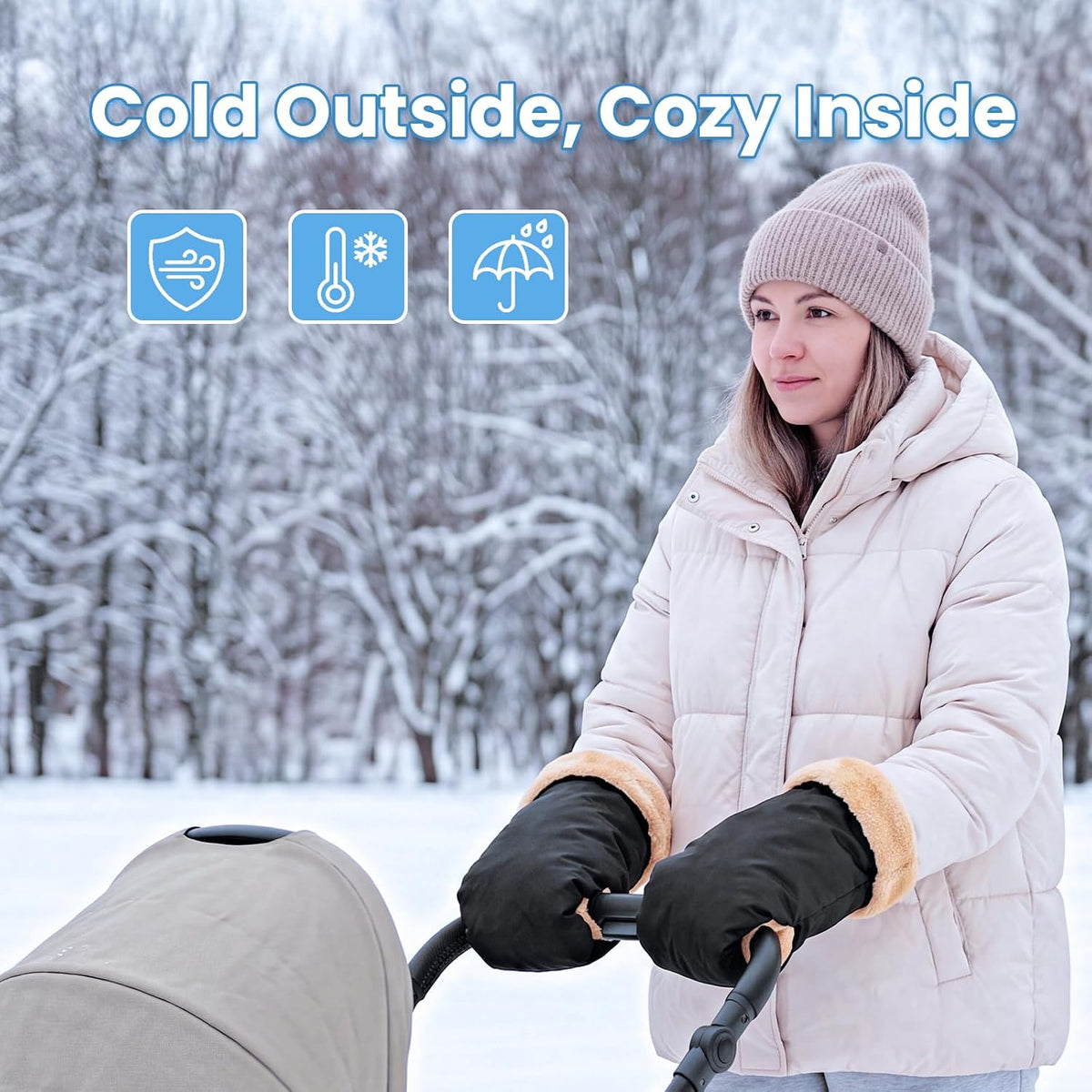 Winter Stroller Gloves, Universal Hand Muffs for Cold Weather, Black