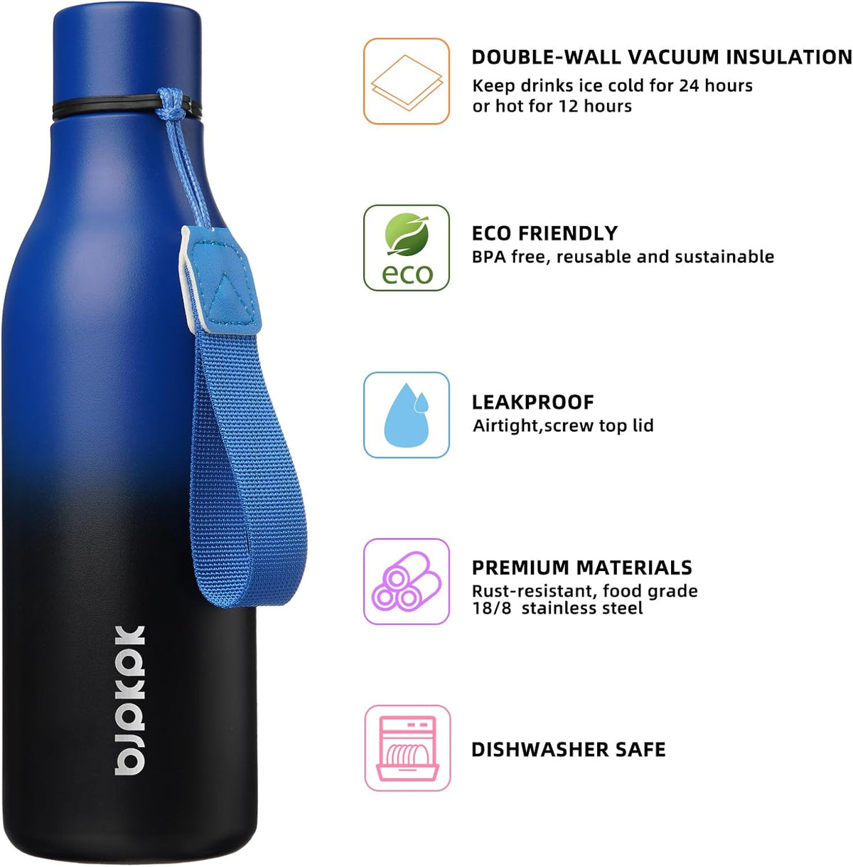 18oz Insulated Water Bottle, Stainless Steel Bottle with Carry Strap - Colors B