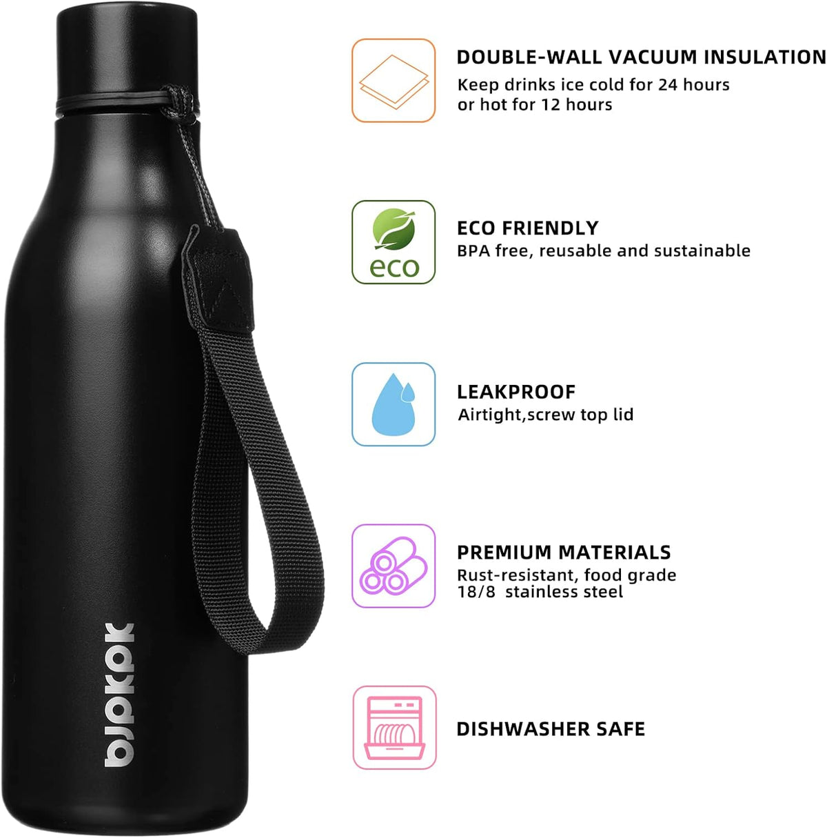 18oz Insulated Water Bottle, Stainless Steel Bottle with Carry Strap - Colors B