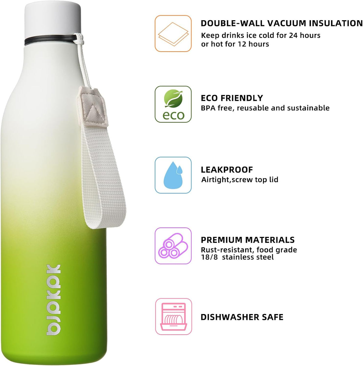 18oz Insulated Water Bottle, Stainless Steel Bottle with Carry Strap - Colors B
