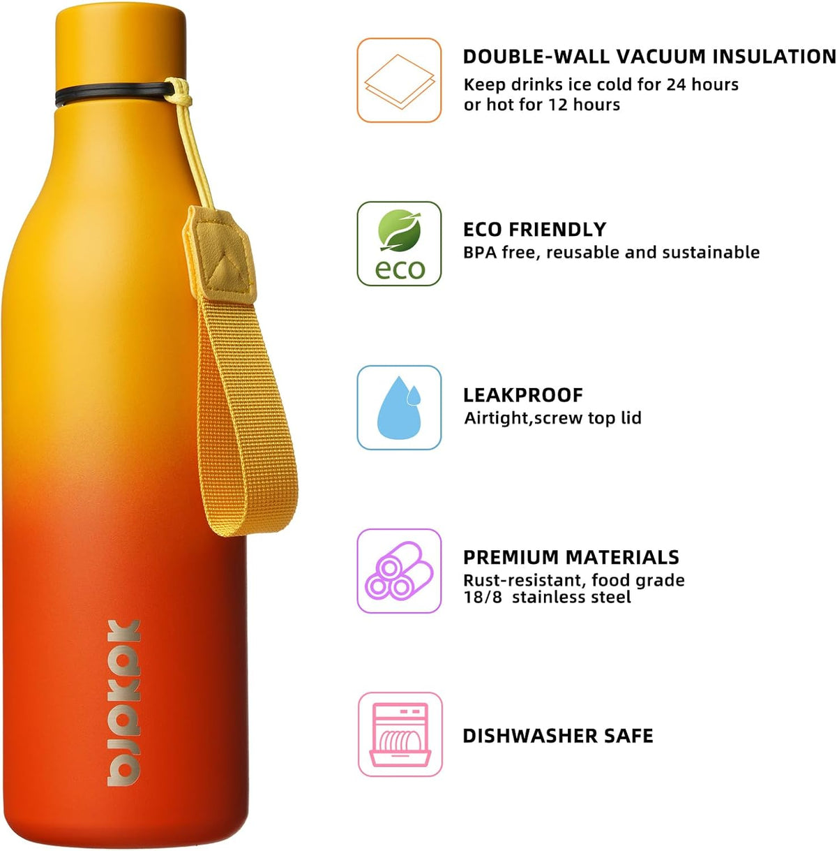 18oz Insulated Water Bottle, Stainless Steel Bottle with Carry Strap - Colors B