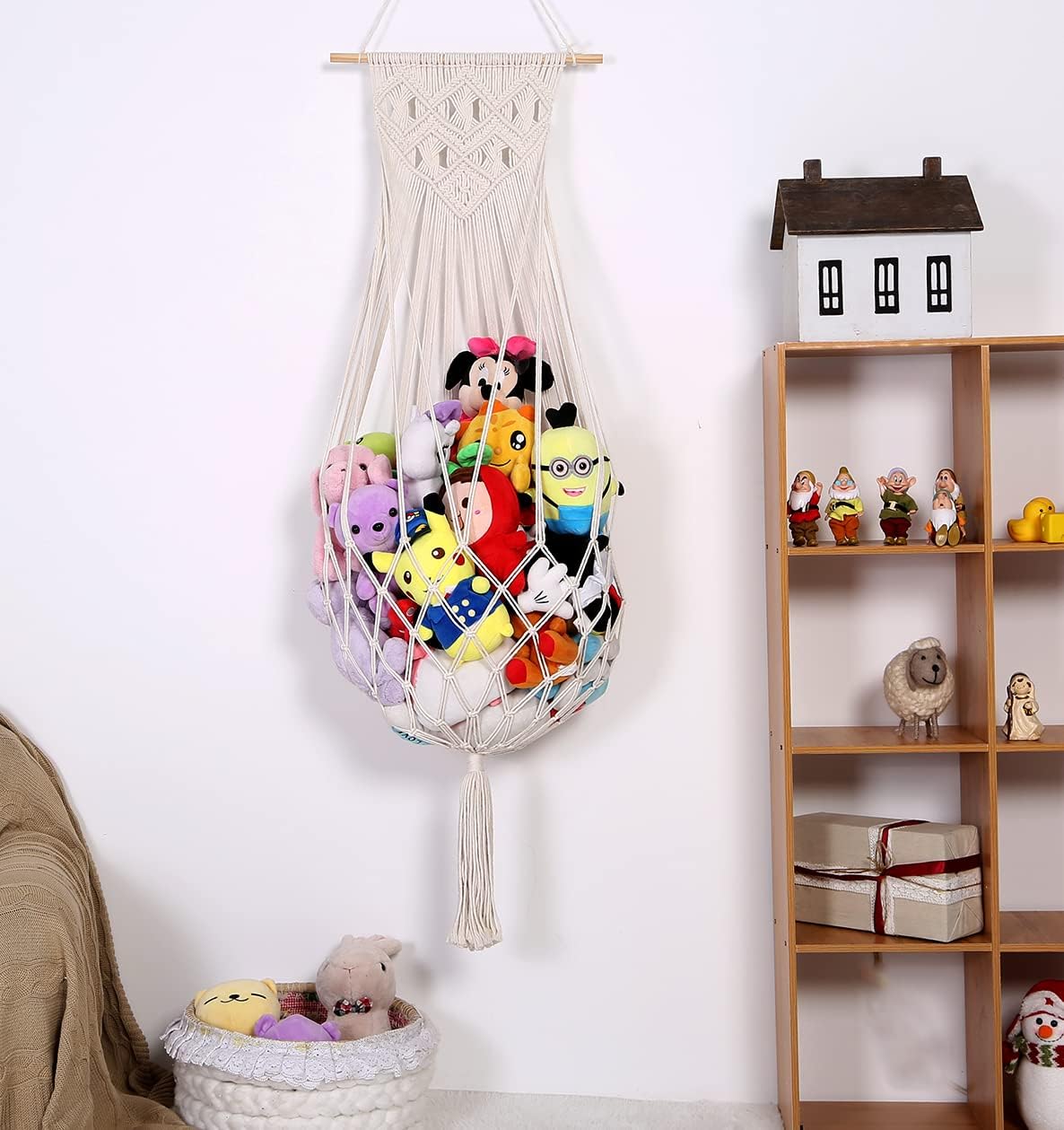 Stuffed Animal Hammock Wall Hanging Net for Stuffed Animal Storage Plush Toy Holder Macrame Toy Display for Boho Kidroom Decor Nursery Organizer (Cream)