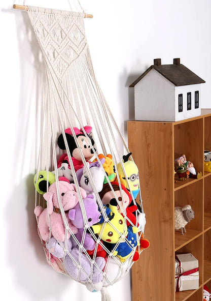 Stuffed Animal Hammock Wall Hanging Net for Stuffed Animal Storage Plush Toy Holder Macrame Toy Display for Boho Kidroom Decor Nursery Organizer (Cream)