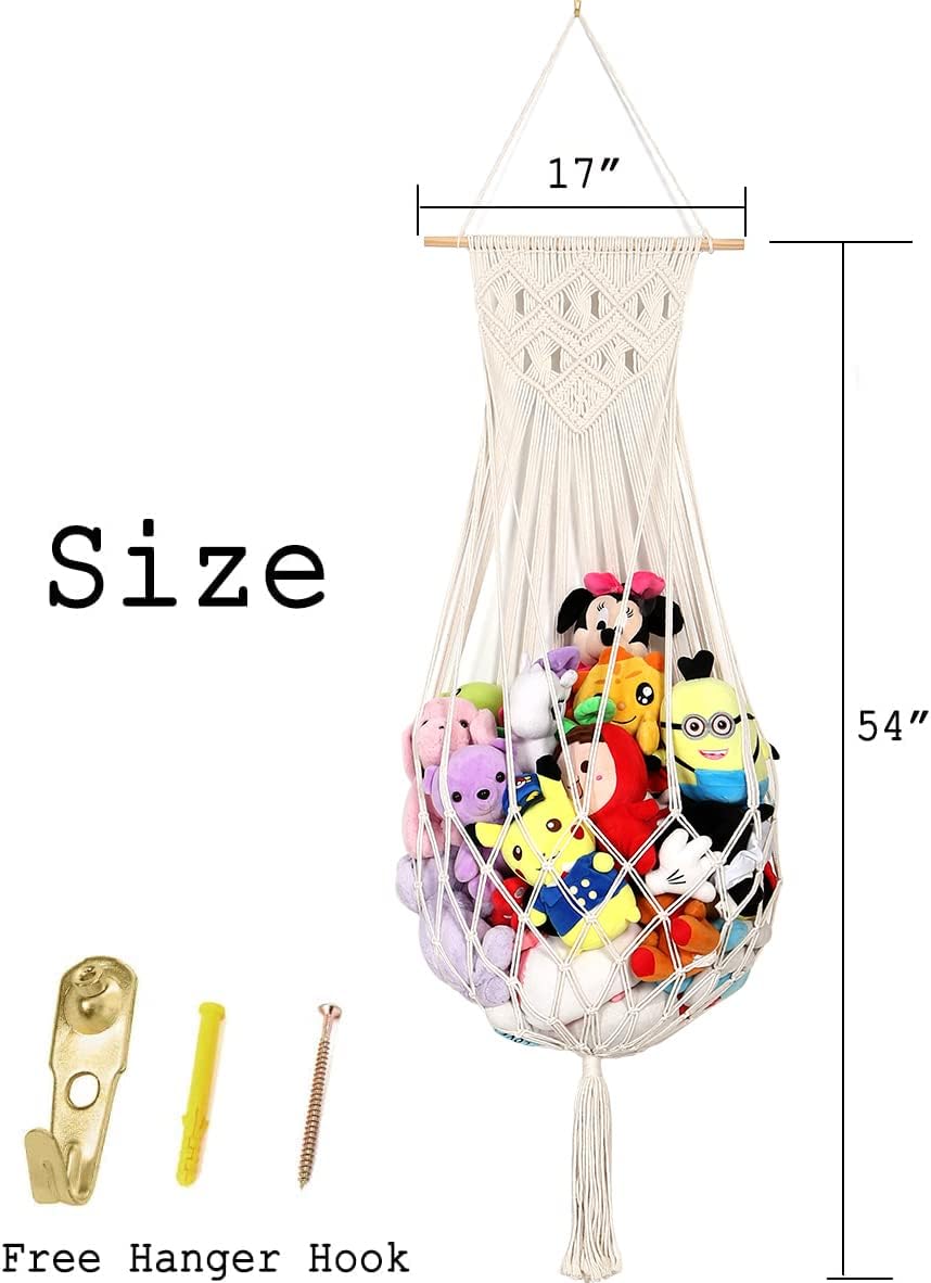 Stuffed Animal Hammock Wall Hanging Net for Stuffed Animal Storage Plush Toy Holder Macrame Toy Display for Boho Kidroom Decor Nursery Organizer (Cream)