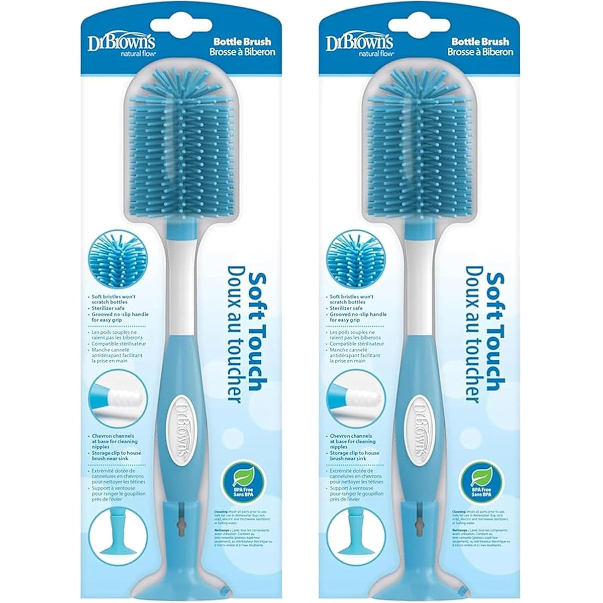 Soft Touch No Scratch Baby Bottle Cleaning Brush Nipple Cleaner with Stand and Storage Clip, BPA Free, Blue (Pack of 2)