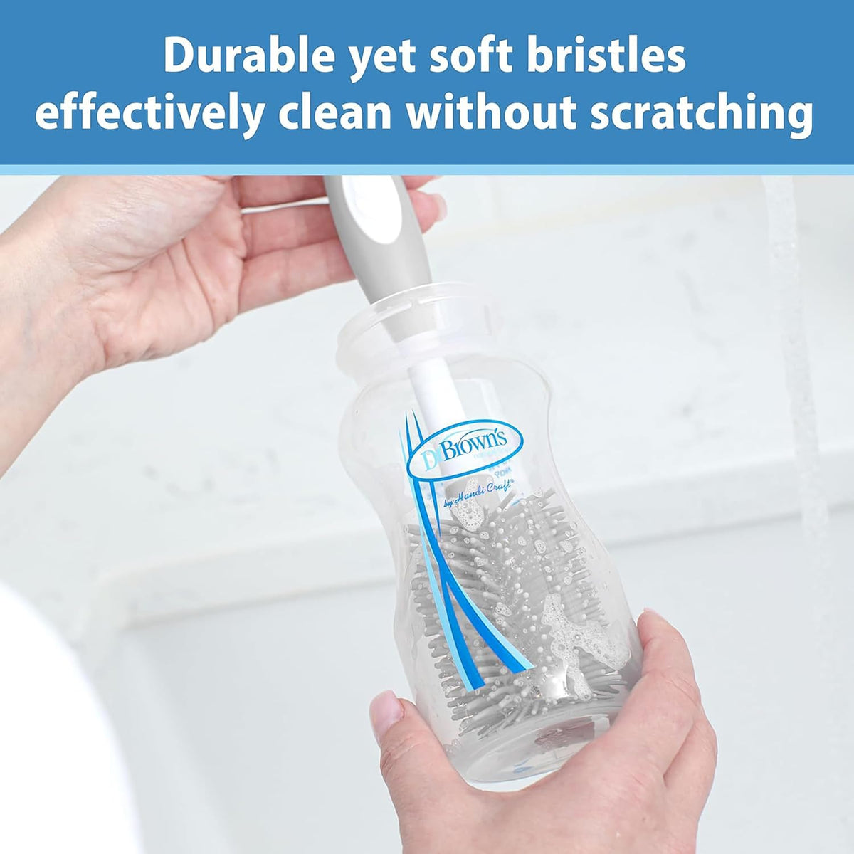 Soft Touch No Scratch Baby Bottle Cleaning Brush Nipple Cleaner with Stand and Storage Clip, BPA Free, Blue (Pack of 2)