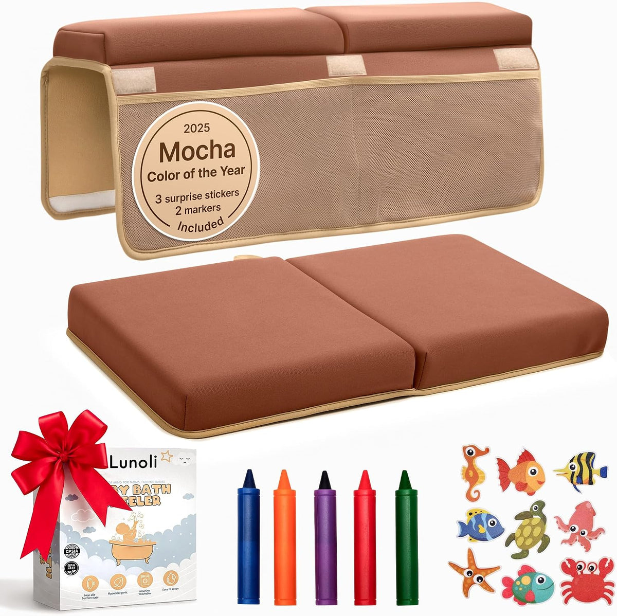 Baby Bath Kneeler and Elbow Rest Pad Set, Mocha Mousse, 1.8 Inch Memory Foam Cushion for Parents, Waterproof Kneeling Pad with 6 Suction Cups, 4 Mesh Pockets, Reusable Markers & Eco Stickers
