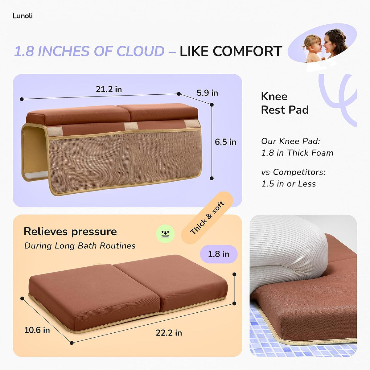 Baby Bath Kneeler and Elbow Rest Pad Set, Mocha Mousse, 1.8 Inch Memory Foam Cushion for Parents, Waterproof Kneeling Pad with 6 Suction Cups, 4 Mesh Pockets, Reusable Markers & Eco Stickers