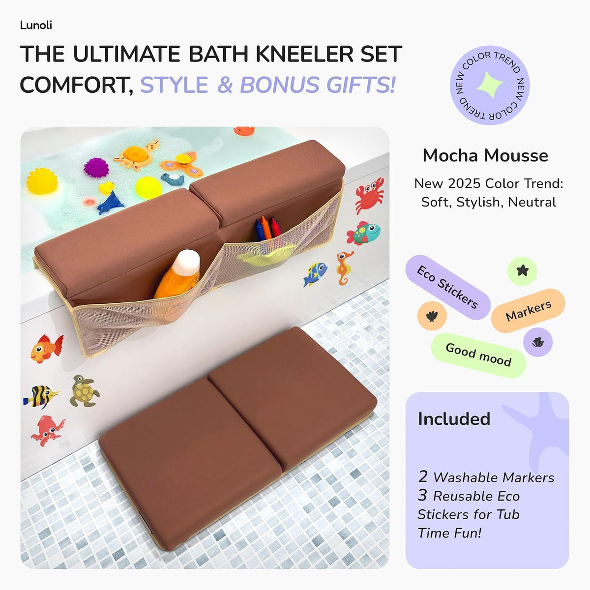 Baby Bath Kneeler and Elbow Rest Pad Set, Mocha Mousse, 1.8 Inch Memory Foam Cushion for Parents, Waterproof Kneeling Pad with 6 Suction Cups, 4 Mesh Pockets, Reusable Markers & Eco Stickers