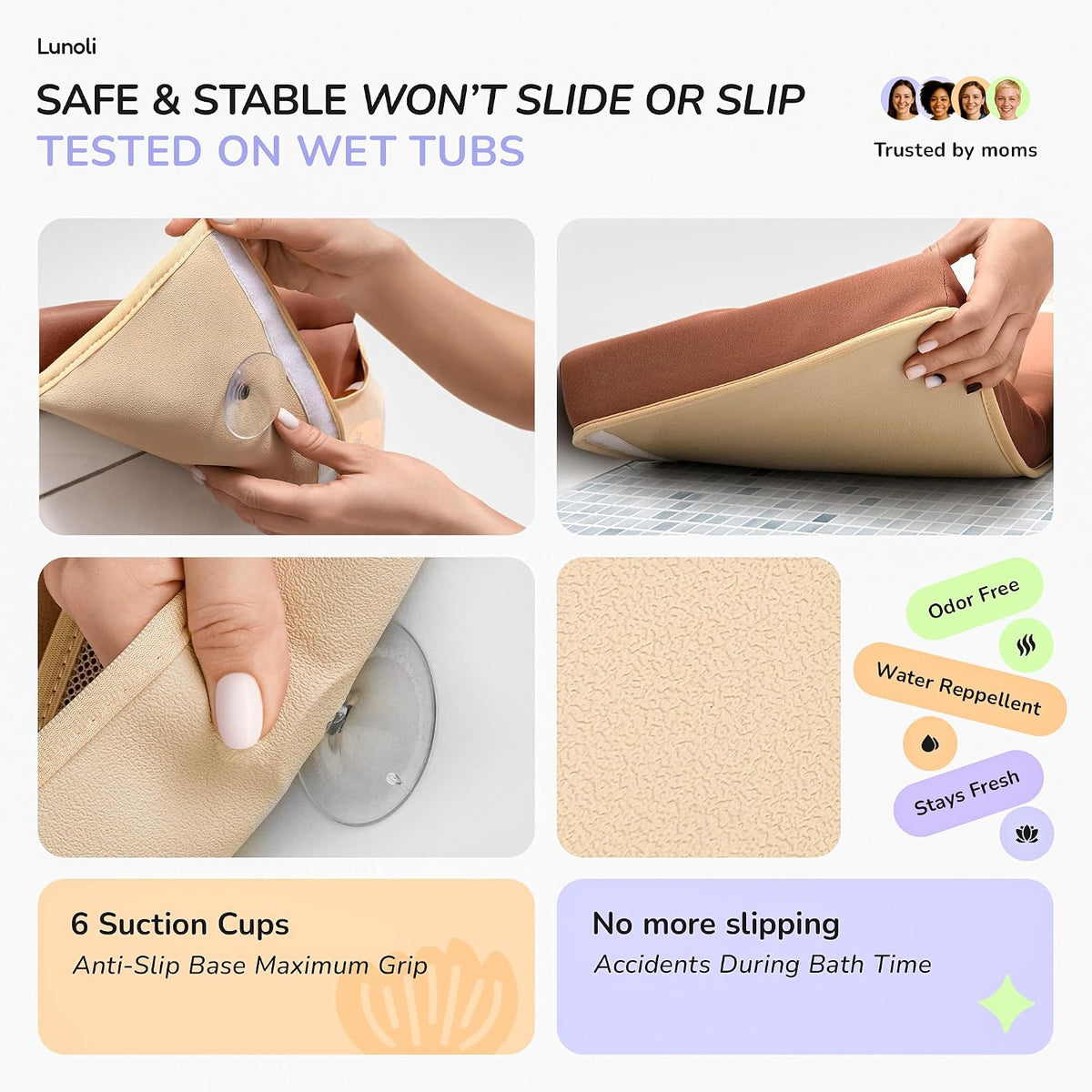 Baby Bath Kneeler and Elbow Rest Pad Set, Mocha Mousse, 1.8 Inch Memory Foam Cushion for Parents, Waterproof Kneeling Pad with 6 Suction Cups, 4 Mesh Pockets, Reusable Markers & Eco Stickers