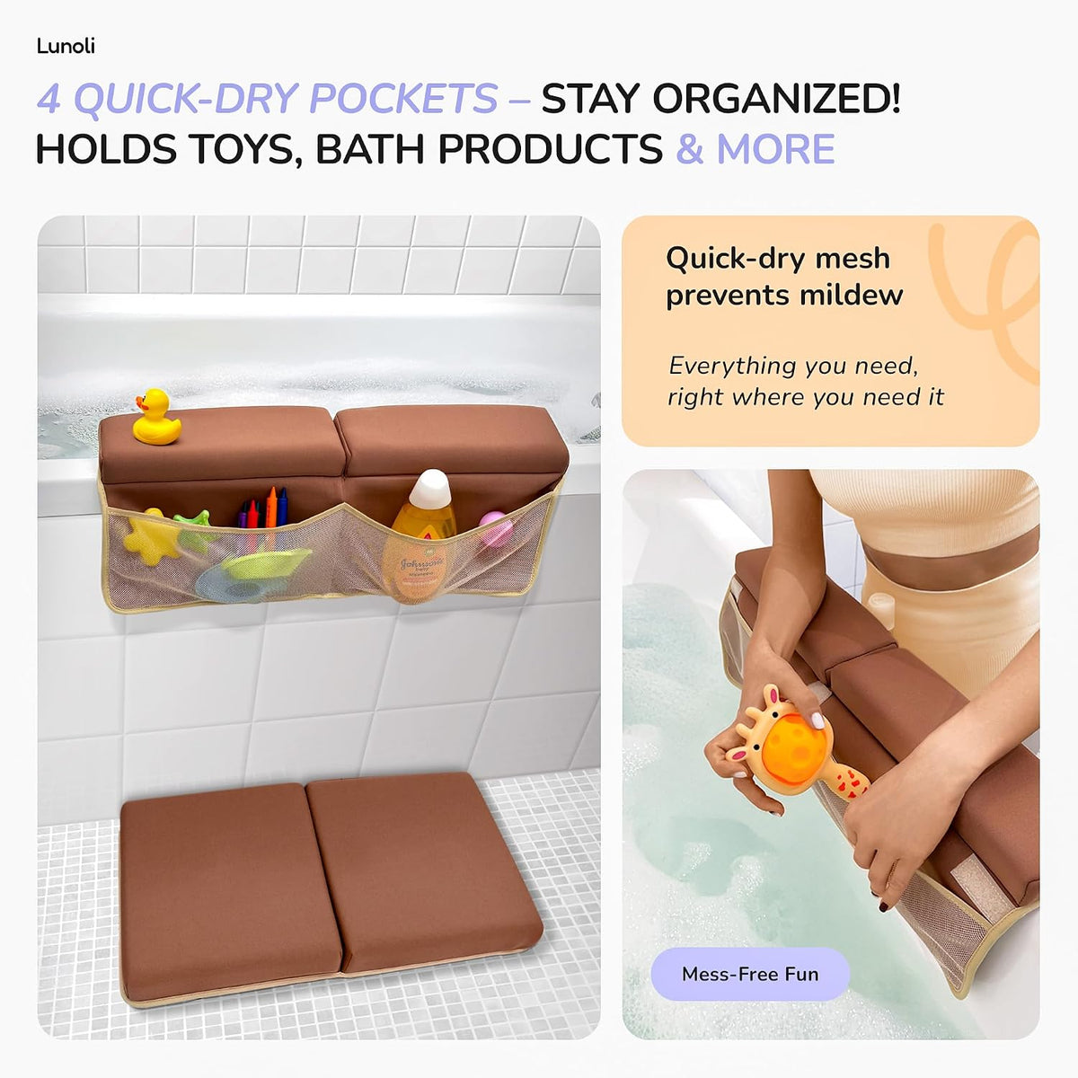 Baby Bath Kneeler and Elbow Rest Pad Set, Mocha Mousse, 1.8 Inch Memory Foam Cushion for Parents, Waterproof Kneeling Pad with 6 Suction Cups, 4 Mesh Pockets, Reusable Markers & Eco Stickers