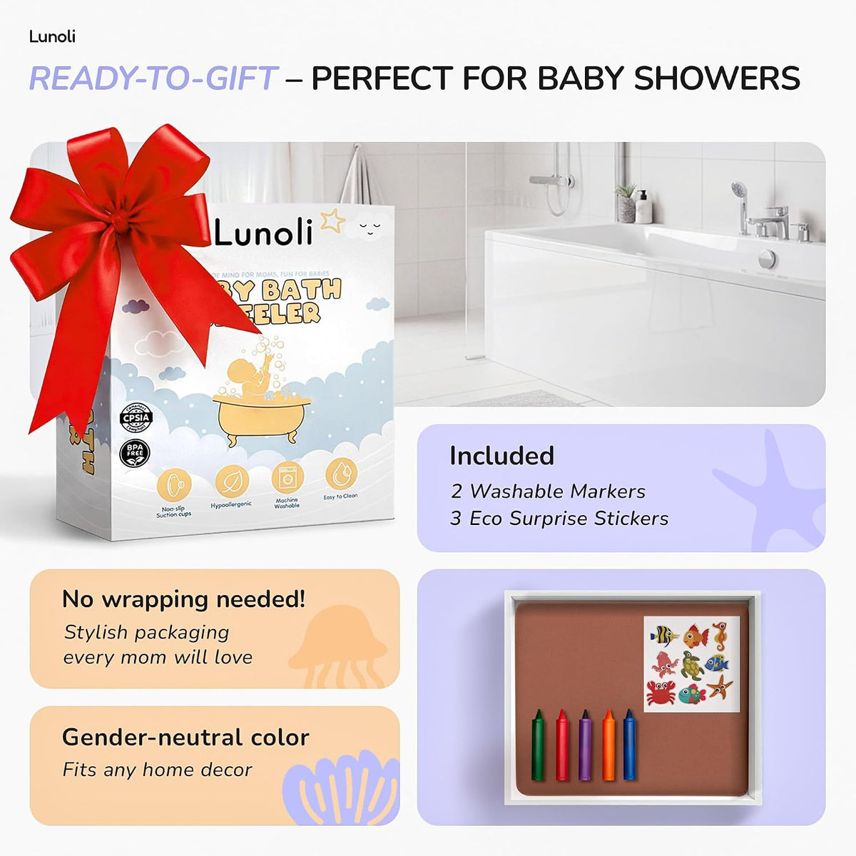 Baby Bath Kneeler and Elbow Rest Pad Set, Mocha Mousse, 1.8 Inch Memory Foam Cushion for Parents, Waterproof Kneeling Pad with 6 Suction Cups, 4 Mesh Pockets, Reusable Markers & Eco Stickers