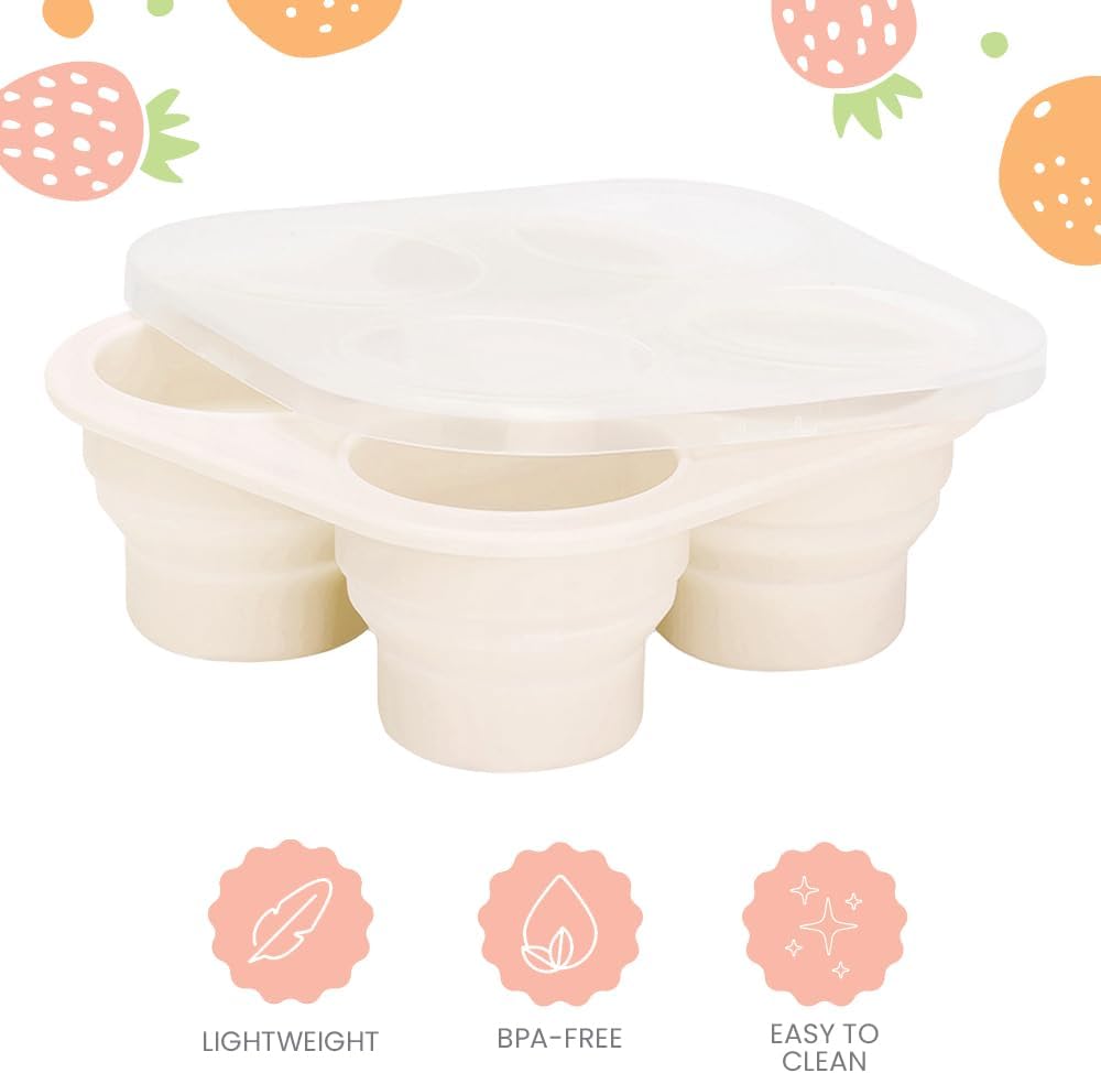 Silicone Foldable and Portable Baby Food Freezer Tray with Lid, Storage Container for Homemade Baby Food, Veggie & Fruit Purees, Ivory