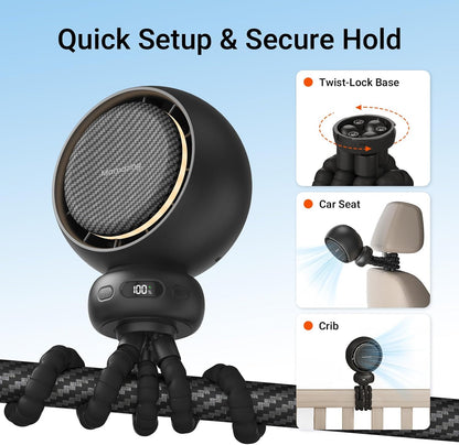 Portable Stroller Fan for Cooling, 70° Auto Oscillation, 5000mAh