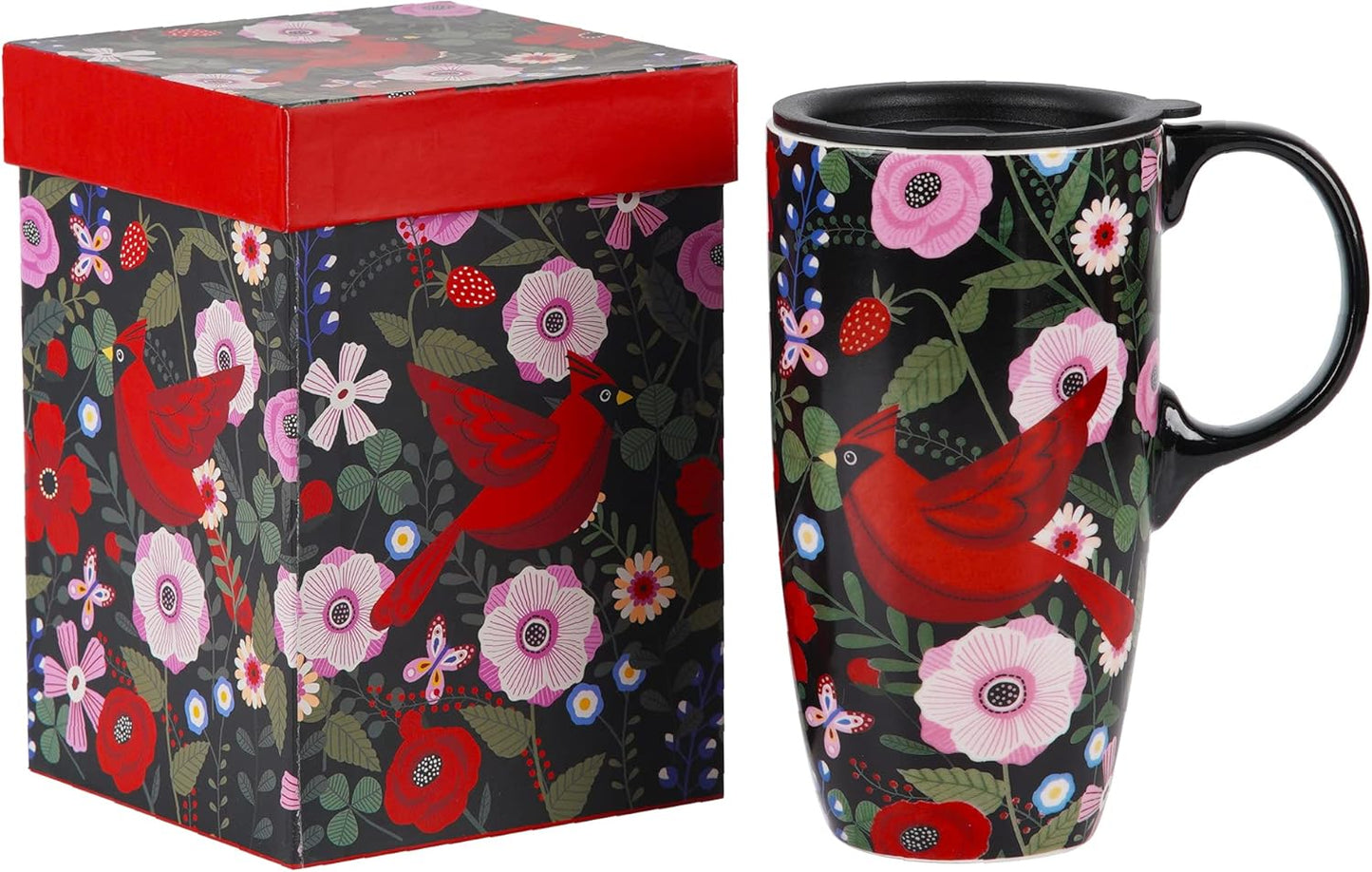 17oz Tropical Leaf Ceramic Travel Coffee Mug with Lid & Matching Gift Box | Microwave & Dishwasher Safe, Cup Holder Friendly, Commute Office Home Use, Large Latte Cocoa Tea Cup, Ergonomic Handle