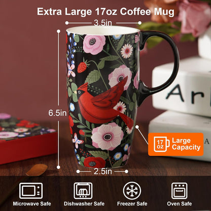 17oz Tropical Leaf Ceramic Travel Coffee Mug with Lid & Matching Gift Box | Microwave & Dishwasher Safe, Cup Holder Friendly, Commute Office Home Use, Large Latte Cocoa Tea Cup, Ergonomic Handle