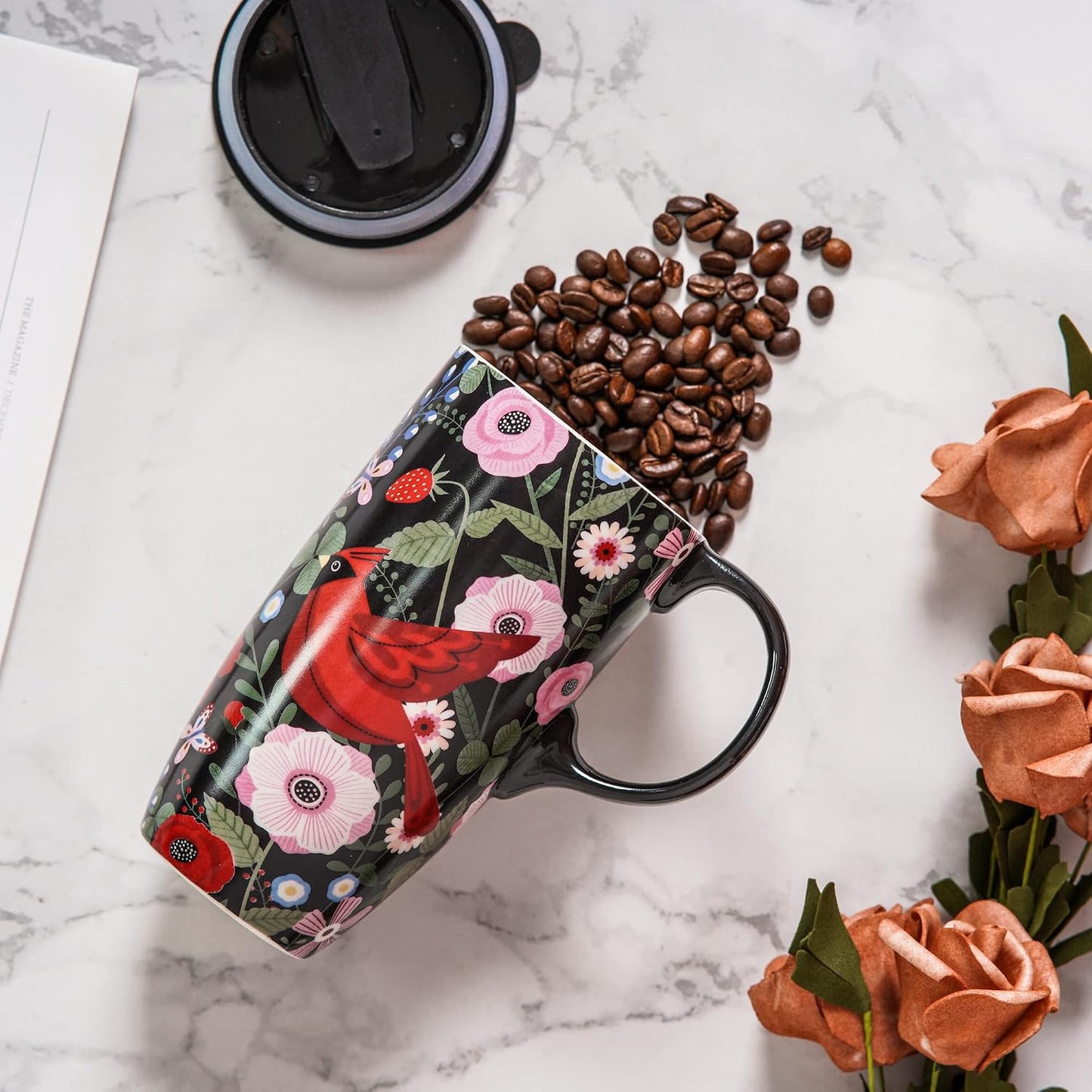 17oz Tropical Leaf Ceramic Travel Coffee Mug with Lid & Matching Gift Box | Microwave & Dishwasher Safe, Cup Holder Friendly, Commute Office Home Use, Large Latte Cocoa Tea Cup, Ergonomic Handle