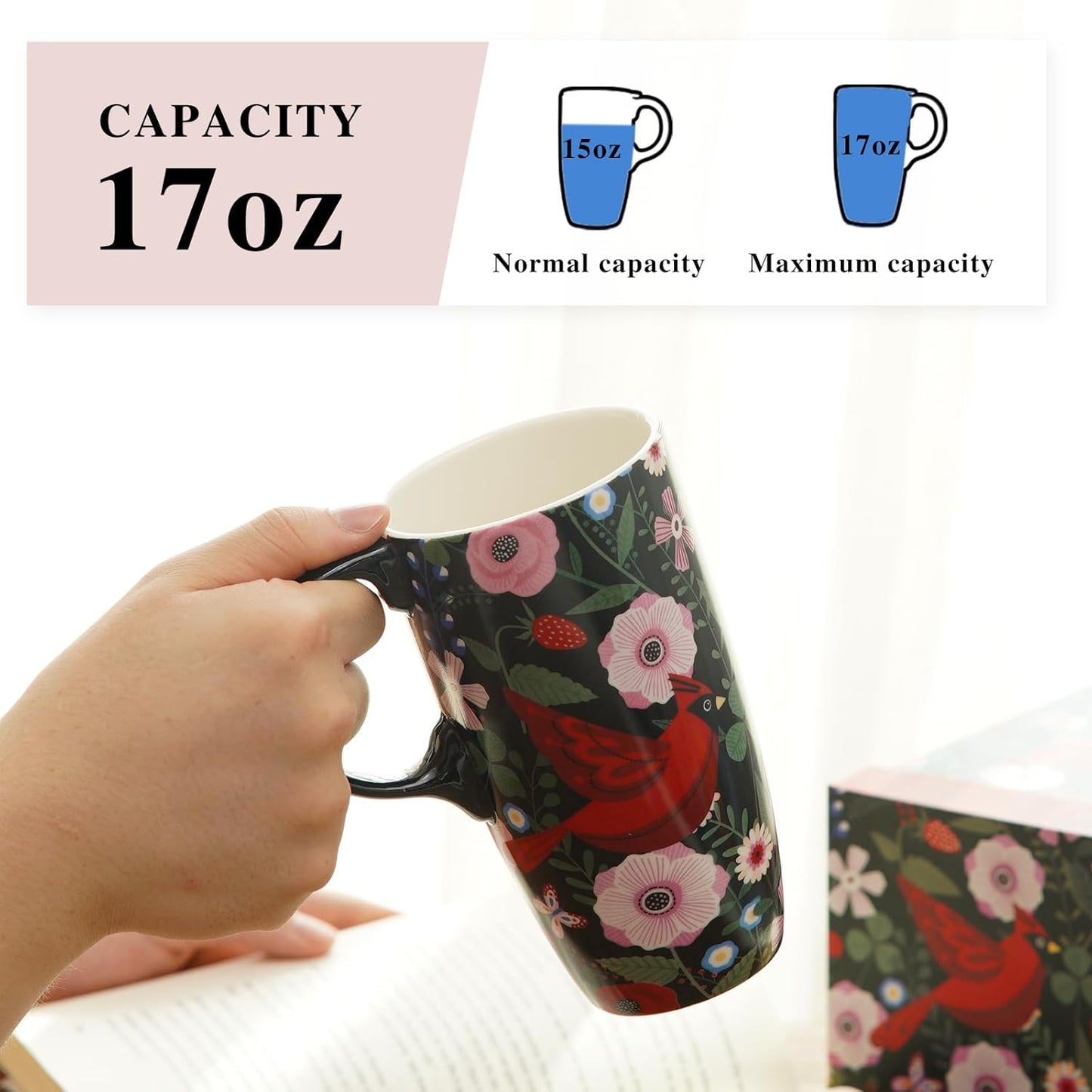17oz Tropical Leaf Ceramic Travel Coffee Mug with Lid & Matching Gift Box | Microwave & Dishwasher Safe, Cup Holder Friendly, Commute Office Home Use, Large Latte Cocoa Tea Cup, Ergonomic Handle