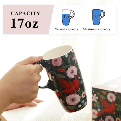 17oz Tropical Leaf Ceramic Travel Coffee Mug with Lid & Matching Gift Box | Microwave & Dishwasher Safe, Cup Holder Friendly, Commute Office Home Use, Large Latte Cocoa Tea Cup, Ergonomic Handle