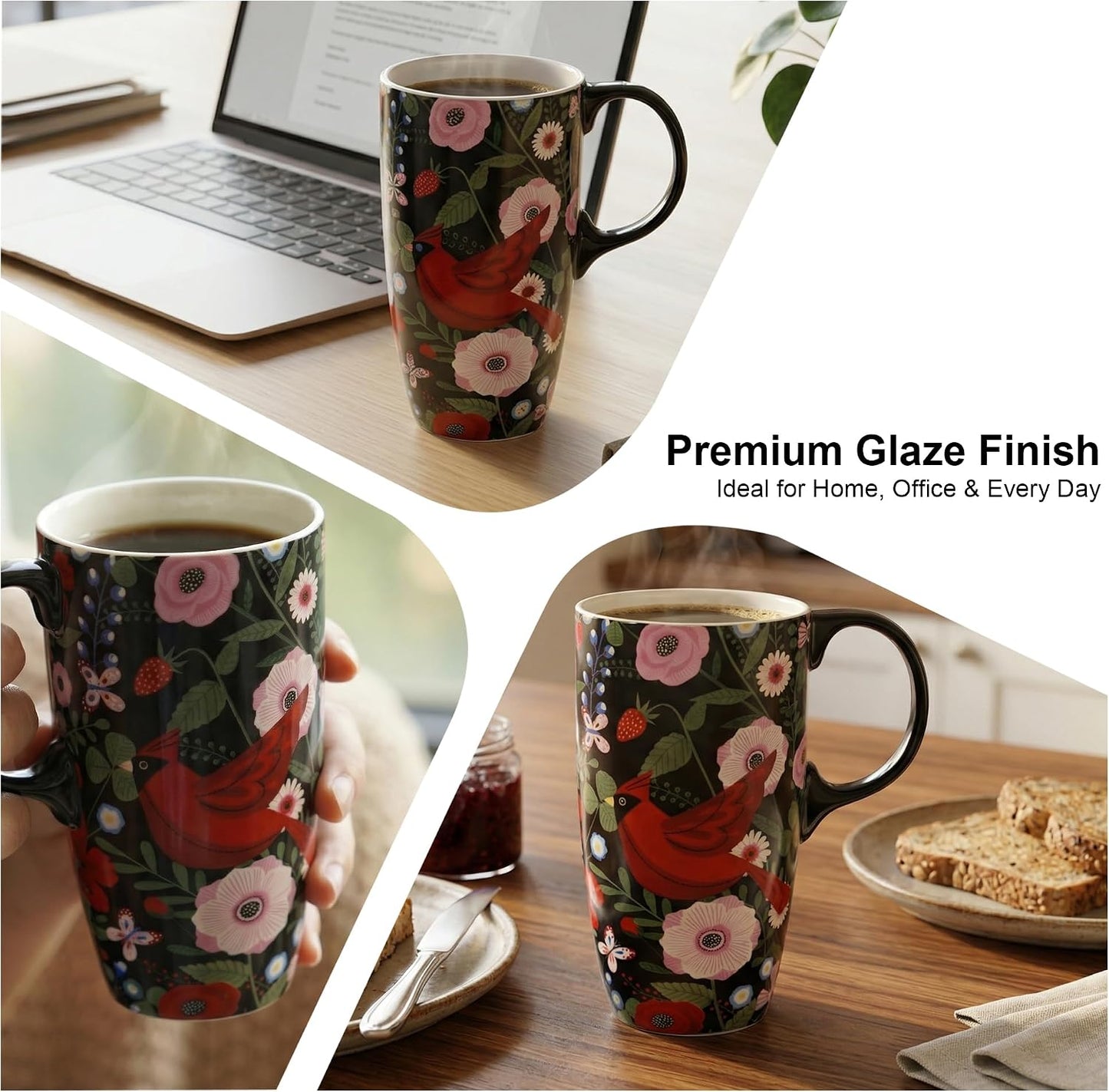 17oz Tropical Leaf Ceramic Travel Coffee Mug with Lid & Matching Gift Box | Microwave & Dishwasher Safe, Cup Holder Friendly, Commute Office Home Use, Large Latte Cocoa Tea Cup, Ergonomic Handle