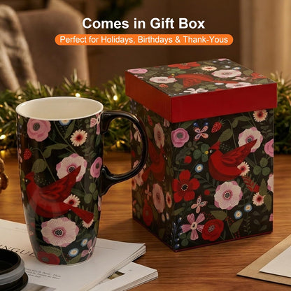 17oz Tropical Leaf Ceramic Travel Coffee Mug with Lid & Matching Gift Box | Microwave & Dishwasher Safe, Cup Holder Friendly, Commute Office Home Use, Large Latte Cocoa Tea Cup, Ergonomic Handle