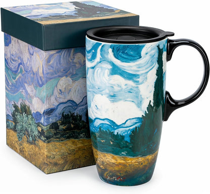 17oz Tropical Leaf Ceramic Travel Coffee Mug with Lid & Matching Gift Box | Microwave & Dishwasher Safe, Cup Holder Friendly, Commute Office Home Use, Large Latte Cocoa Tea Cup, Ergonomic Handle
