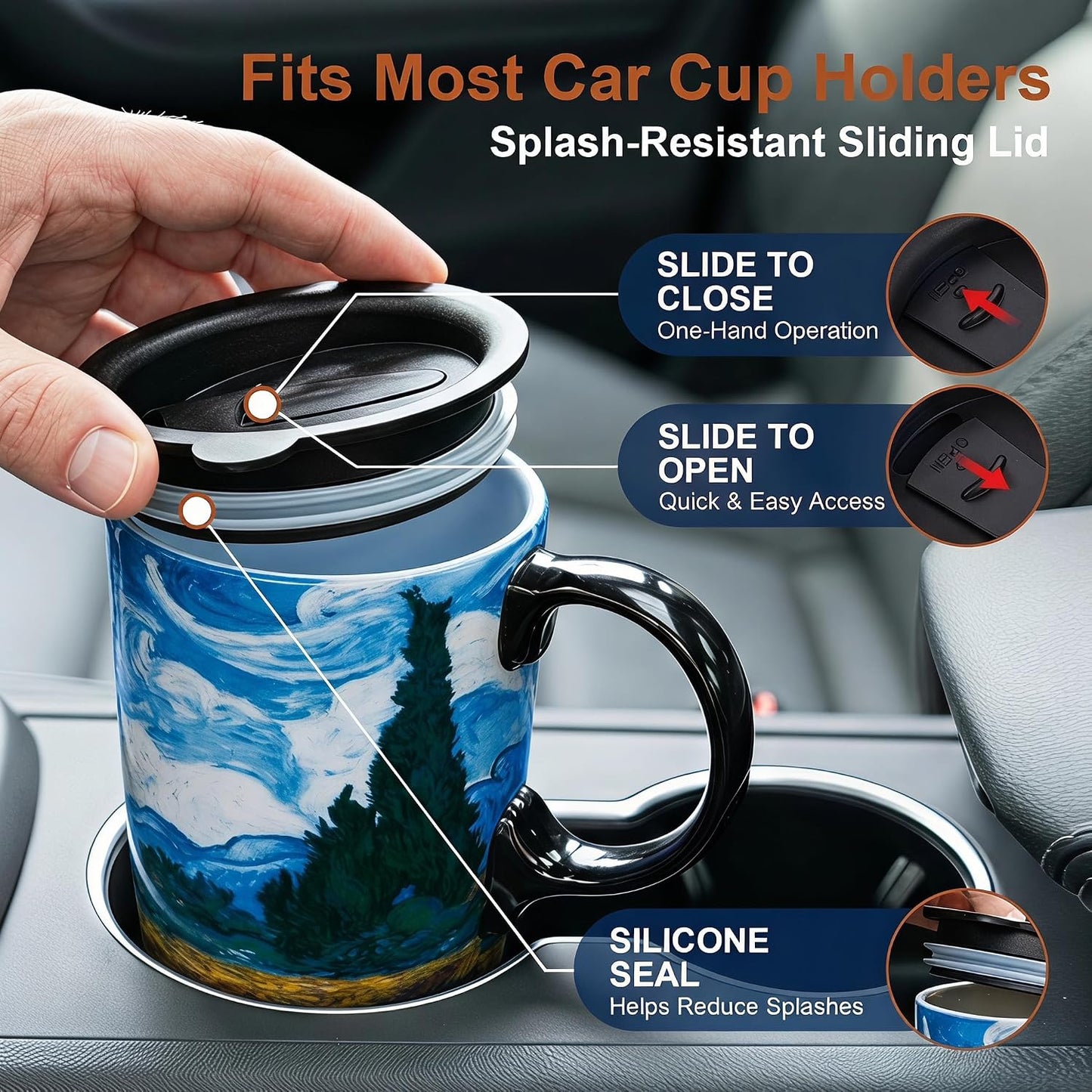 17oz Tropical Leaf Ceramic Travel Coffee Mug with Lid & Matching Gift Box | Microwave & Dishwasher Safe, Cup Holder Friendly, Commute Office Home Use, Large Latte Cocoa Tea Cup, Ergonomic Handle
