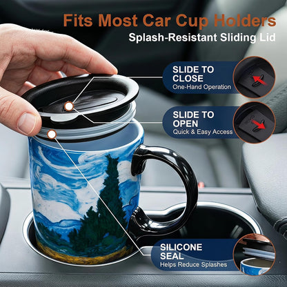 17oz Tropical Leaf Ceramic Travel Coffee Mug with Lid & Matching Gift Box | Microwave & Dishwasher Safe, Cup Holder Friendly, Commute Office Home Use, Large Latte Cocoa Tea Cup, Ergonomic Handle