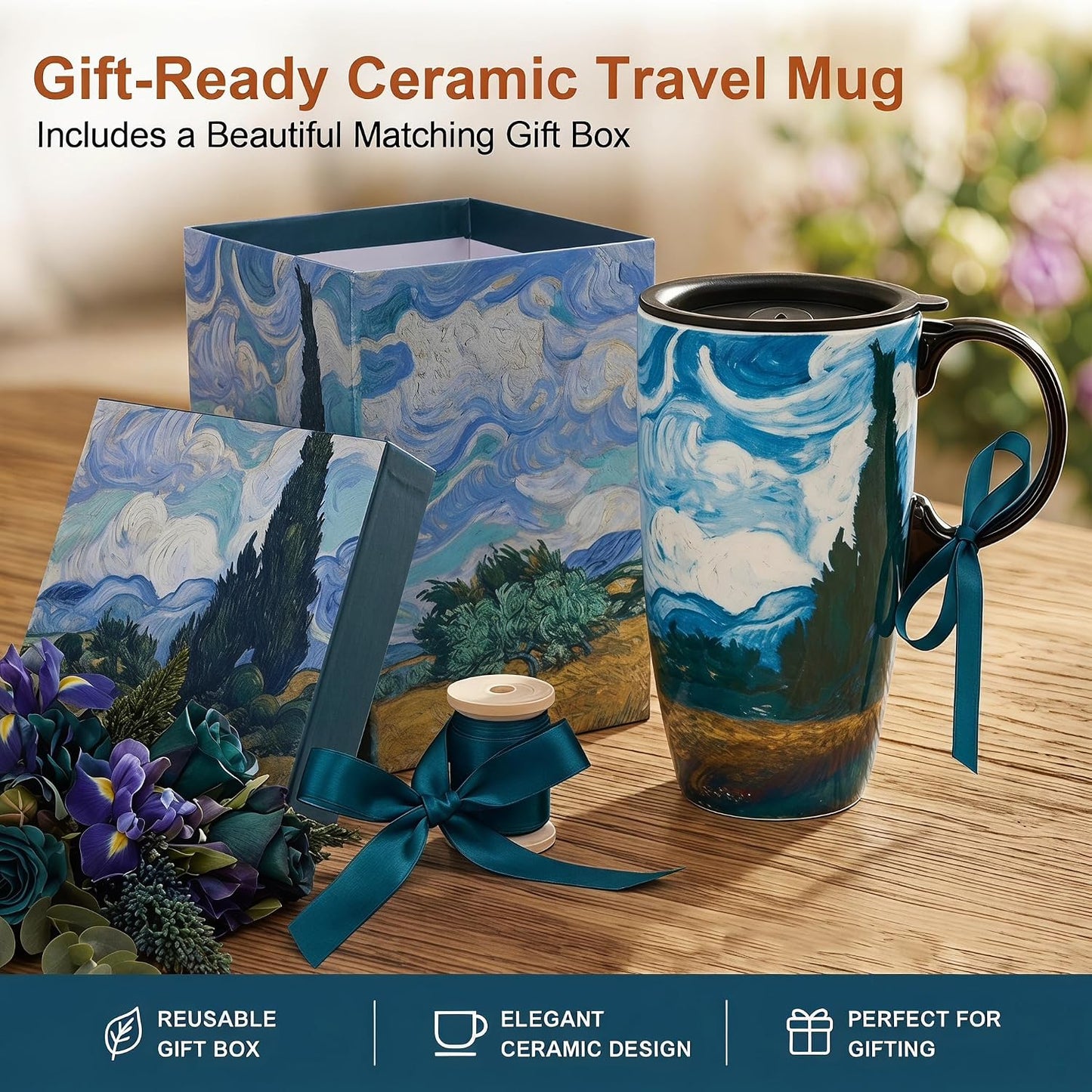 17oz Tropical Leaf Ceramic Travel Coffee Mug with Lid & Matching Gift Box | Microwave & Dishwasher Safe, Cup Holder Friendly, Commute Office Home Use, Large Latte Cocoa Tea Cup, Ergonomic Handle