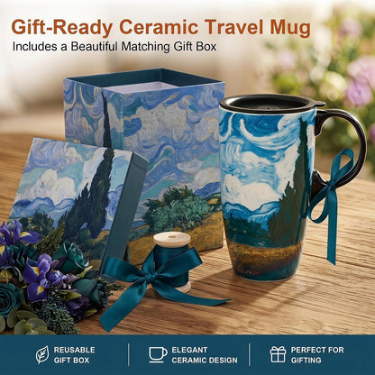 17oz Tropical Leaf Ceramic Travel Coffee Mug with Lid & Matching Gift Box | Microwave & Dishwasher Safe, Cup Holder Friendly, Commute Office Home Use, Large Latte Cocoa Tea Cup, Ergonomic Handle
