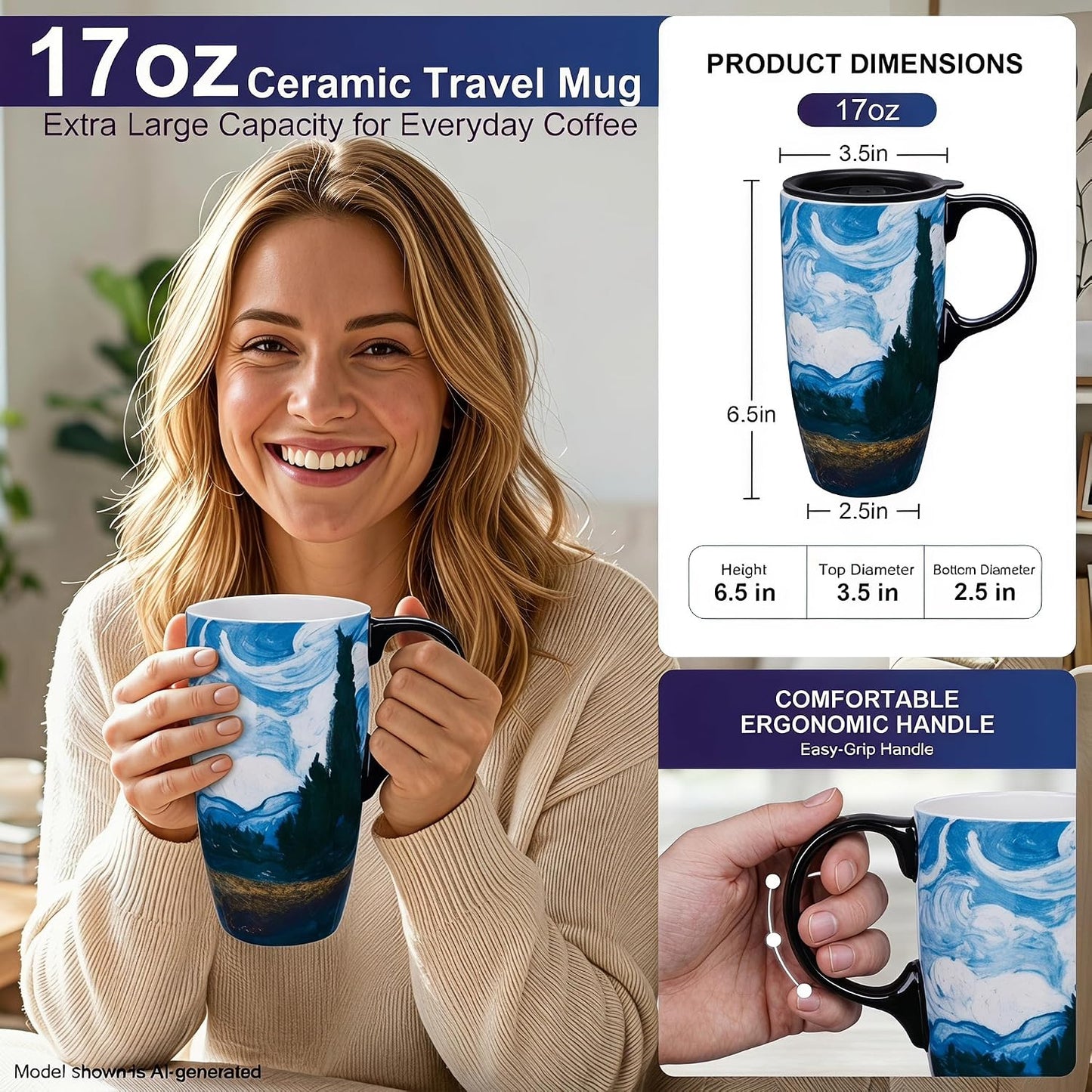 17oz Tropical Leaf Ceramic Travel Coffee Mug with Lid & Matching Gift Box | Microwave & Dishwasher Safe, Cup Holder Friendly, Commute Office Home Use, Large Latte Cocoa Tea Cup, Ergonomic Handle