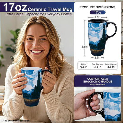 17oz Tropical Leaf Ceramic Travel Coffee Mug with Lid & Matching Gift Box | Microwave & Dishwasher Safe, Cup Holder Friendly, Commute Office Home Use, Large Latte Cocoa Tea Cup, Ergonomic Handle