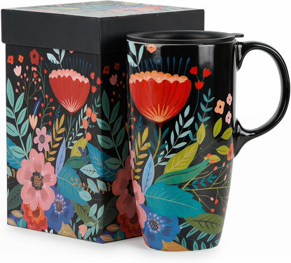 17oz Tropical Leaf Ceramic Travel Coffee Mug with Lid & Matching Gift Box | Microwave & Dishwasher Safe, Cup Holder Friendly, Commute Office Home Use, Large Latte Cocoa Tea Cup, Ergonomic Handle