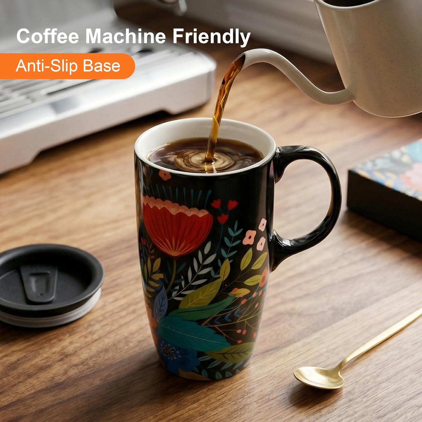 17oz Tropical Leaf Ceramic Travel Coffee Mug with Lid & Matching Gift Box | Microwave & Dishwasher Safe, Cup Holder Friendly, Commute Office Home Use, Large Latte Cocoa Tea Cup, Ergonomic Handle