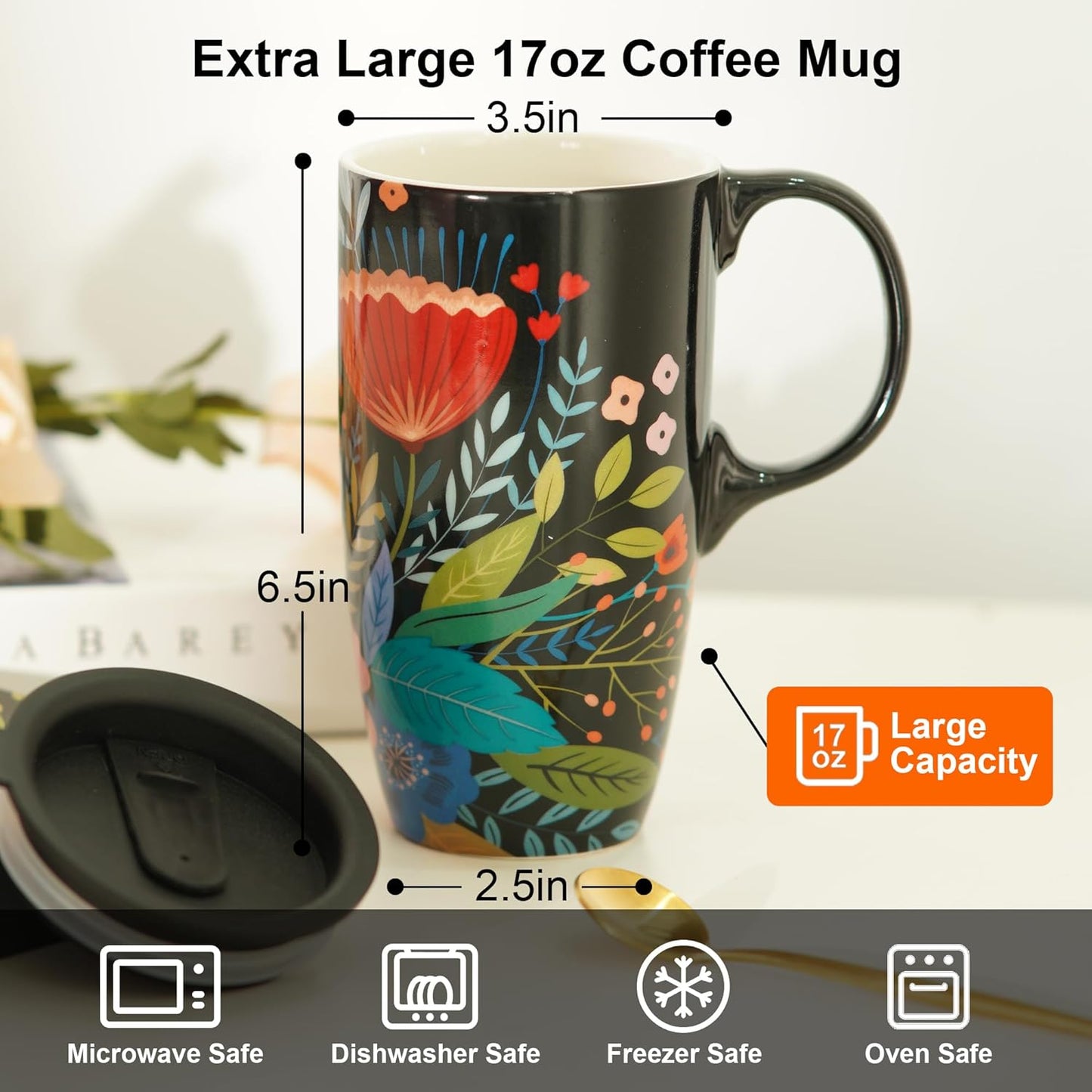 17oz Tropical Leaf Ceramic Travel Coffee Mug with Lid & Matching Gift Box | Microwave & Dishwasher Safe, Cup Holder Friendly, Commute Office Home Use, Large Latte Cocoa Tea Cup, Ergonomic Handle
