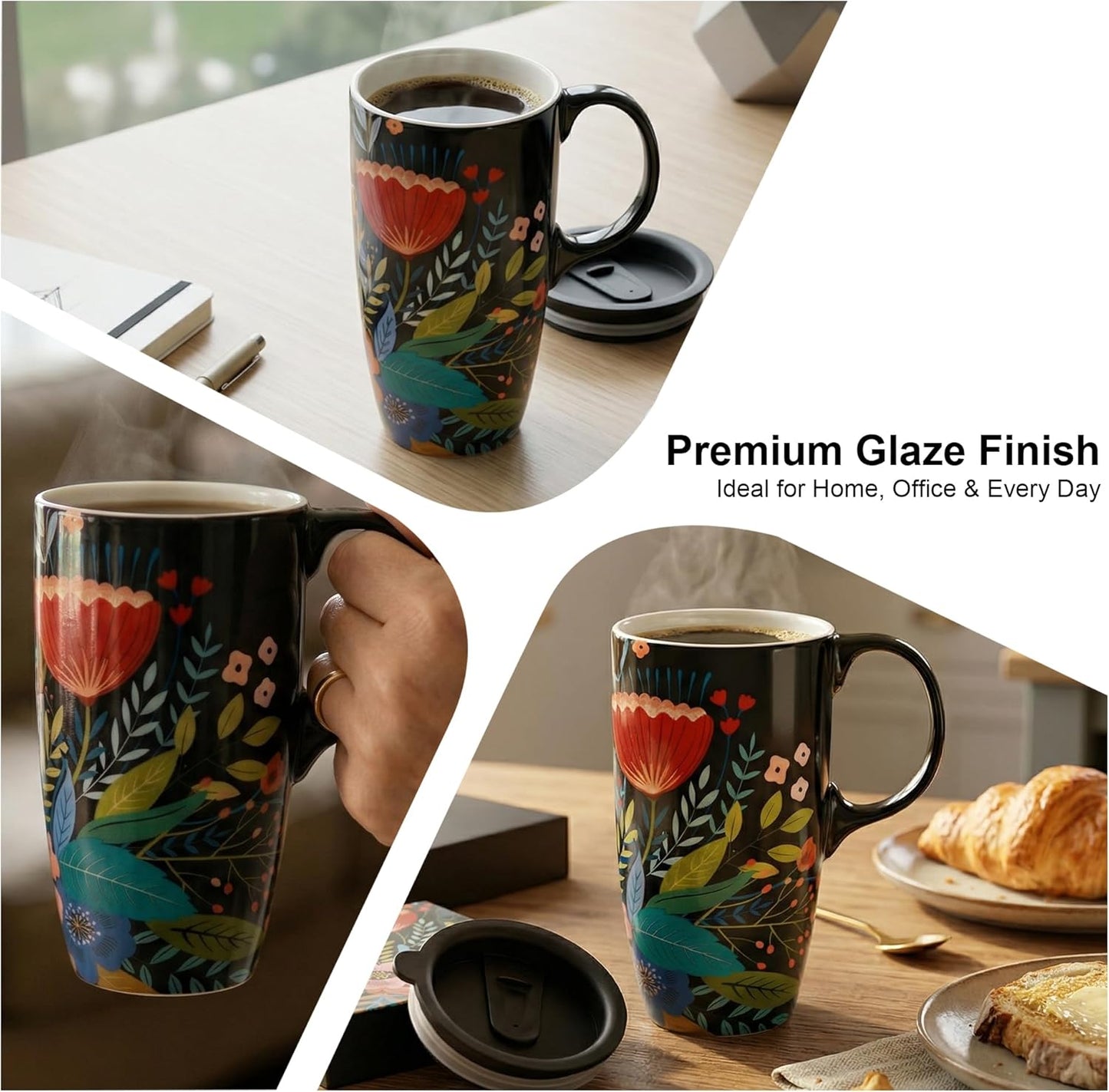 17oz Tropical Leaf Ceramic Travel Coffee Mug with Lid & Matching Gift Box | Microwave & Dishwasher Safe, Cup Holder Friendly, Commute Office Home Use, Large Latte Cocoa Tea Cup, Ergonomic Handle