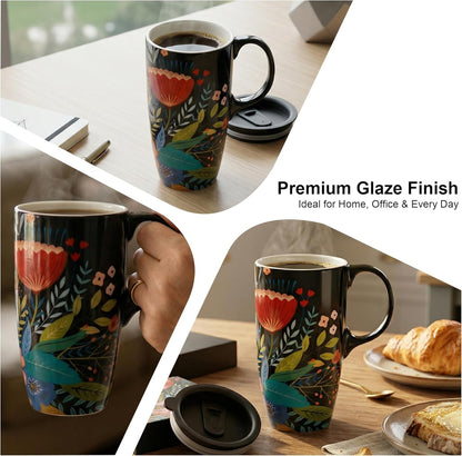 17oz Tropical Leaf Ceramic Travel Coffee Mug with Lid & Matching Gift Box | Microwave & Dishwasher Safe, Cup Holder Friendly, Commute Office Home Use, Large Latte Cocoa Tea Cup, Ergonomic Handle