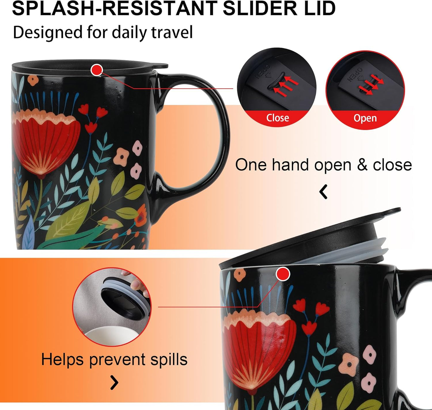 17oz Tropical Leaf Ceramic Travel Coffee Mug with Lid & Matching Gift Box | Microwave & Dishwasher Safe, Cup Holder Friendly, Commute Office Home Use, Large Latte Cocoa Tea Cup, Ergonomic Handle