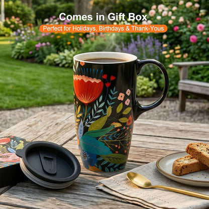 17oz Tropical Leaf Ceramic Travel Coffee Mug with Lid & Matching Gift Box | Microwave & Dishwasher Safe, Cup Holder Friendly, Commute Office Home Use, Large Latte Cocoa Tea Cup, Ergonomic Handle