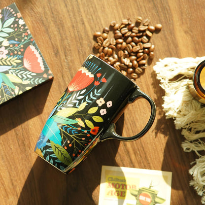 17oz Tropical Leaf Ceramic Travel Coffee Mug with Lid & Matching Gift Box | Microwave & Dishwasher Safe, Cup Holder Friendly, Commute Office Home Use, Large Latte Cocoa Tea Cup, Ergonomic Handle