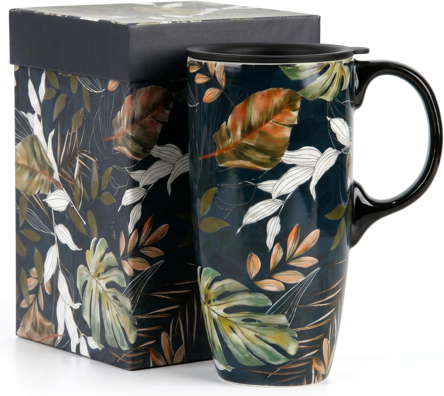 17oz Tropical Leaf Ceramic Travel Coffee Mug with Lid & Matching Gift Box | Microwave & Dishwasher Safe, Cup Holder Friendly, Commute Office Home Use, Large Latte Cocoa Tea Cup, Ergonomic Handle