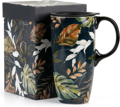 17oz Tropical Leaf Ceramic Travel Coffee Mug with Lid & Matching Gift Box | Microwave & Dishwasher Safe, Cup Holder Friendly, Commute Office Home Use, Large Latte Cocoa Tea Cup, Ergonomic Handle