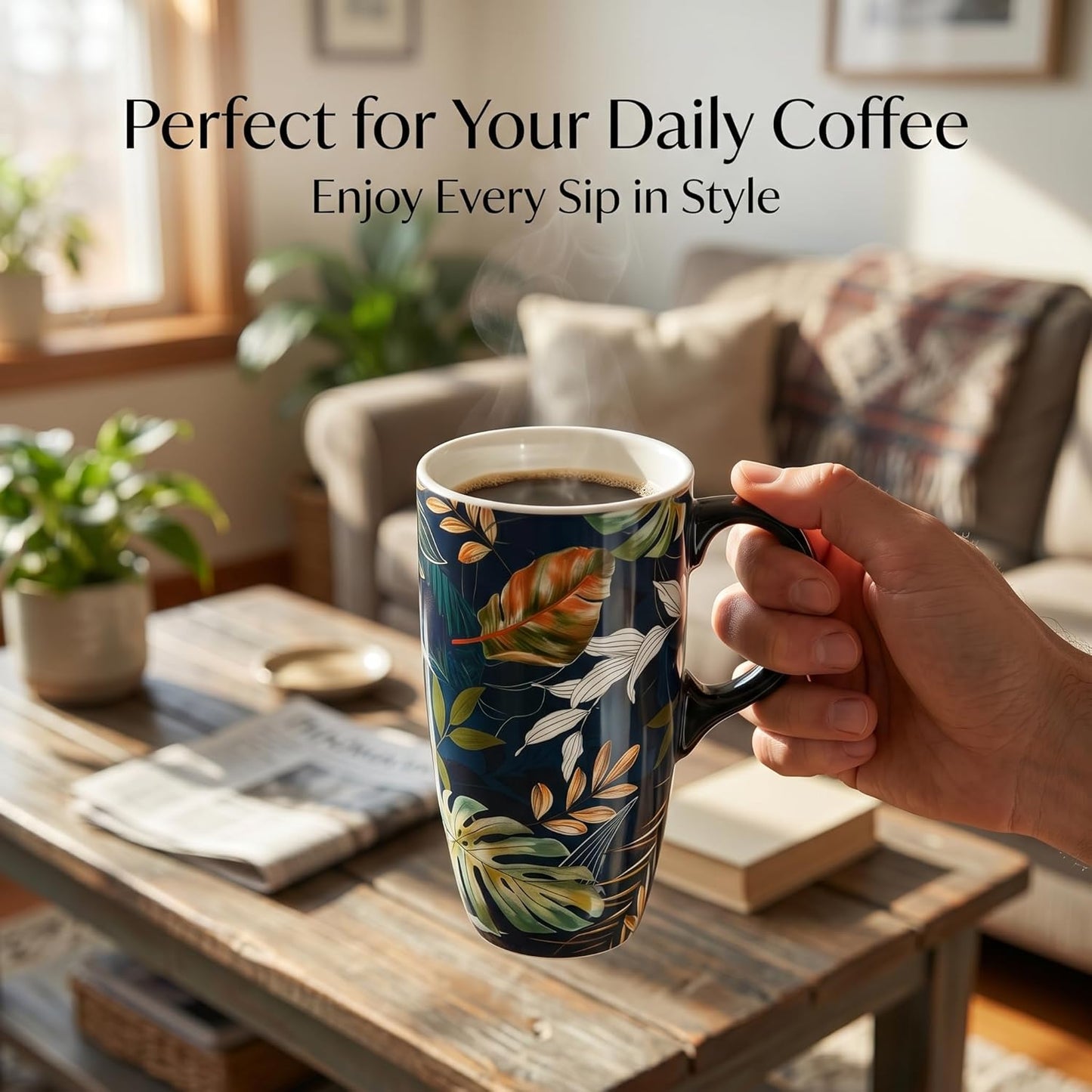 17oz Tropical Leaf Ceramic Travel Coffee Mug with Lid & Matching Gift Box | Microwave & Dishwasher Safe, Cup Holder Friendly, Commute Office Home Use, Large Latte Cocoa Tea Cup, Ergonomic Handle