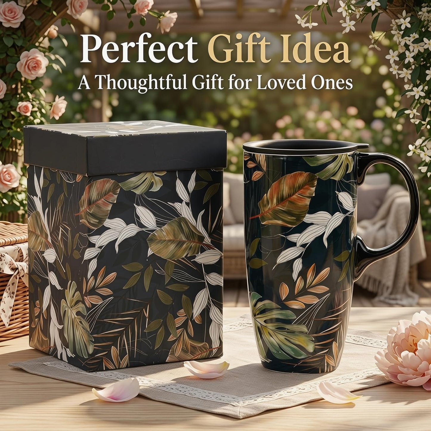 17oz Tropical Leaf Ceramic Travel Coffee Mug with Lid & Matching Gift Box | Microwave & Dishwasher Safe, Cup Holder Friendly, Commute Office Home Use, Large Latte Cocoa Tea Cup, Ergonomic Handle