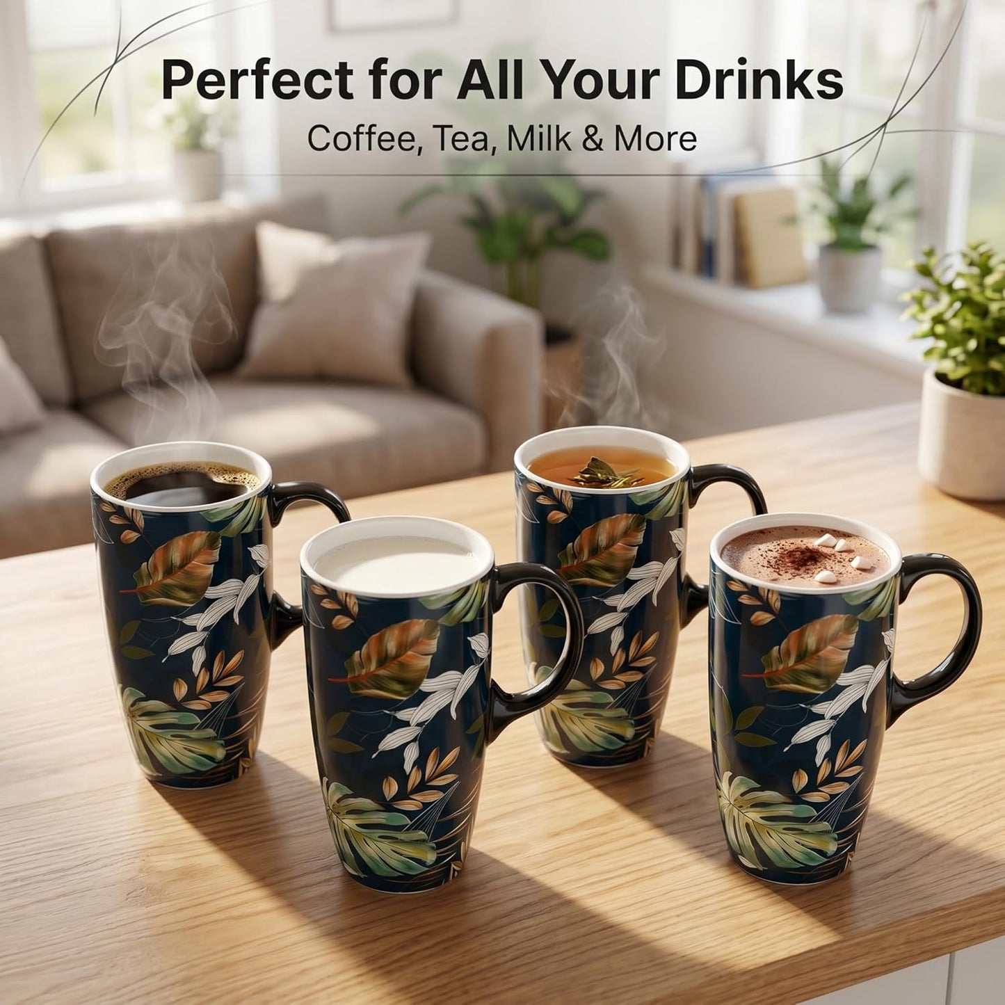 17oz Tropical Leaf Ceramic Travel Coffee Mug with Lid & Matching Gift Box | Microwave & Dishwasher Safe, Cup Holder Friendly, Commute Office Home Use, Large Latte Cocoa Tea Cup, Ergonomic Handle