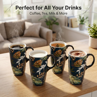 17oz Tropical Leaf Ceramic Travel Coffee Mug with Lid & Matching Gift Box | Microwave & Dishwasher Safe, Cup Holder Friendly, Commute Office Home Use, Large Latte Cocoa Tea Cup, Ergonomic Handle